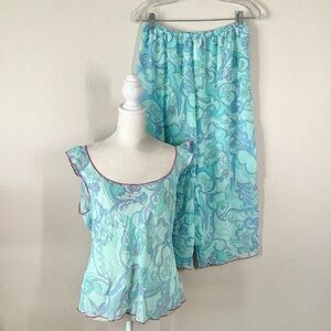 JOSIE NATORI Sleep Set Sheer Cami & Capri Pants Aqua Summer Boho Resort Boho M